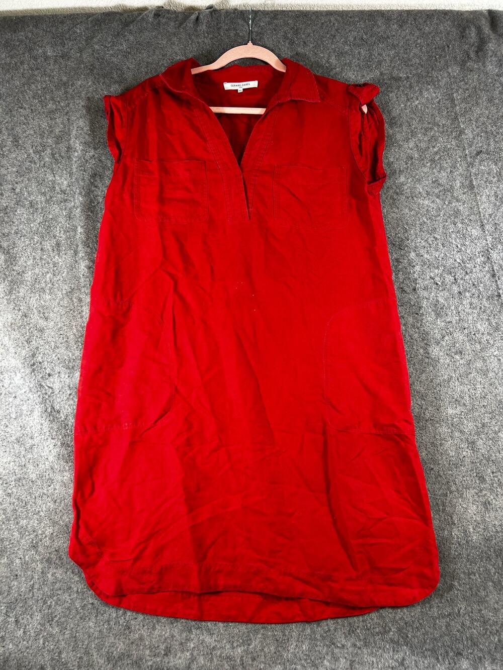 Gerard Darel Shift Dress Womens 42 Red Mini Vneck Cap Sleeve Casual Pullover